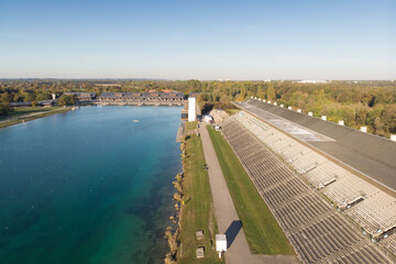 Aerial view of the grandstand and rowing regatta course in Munich