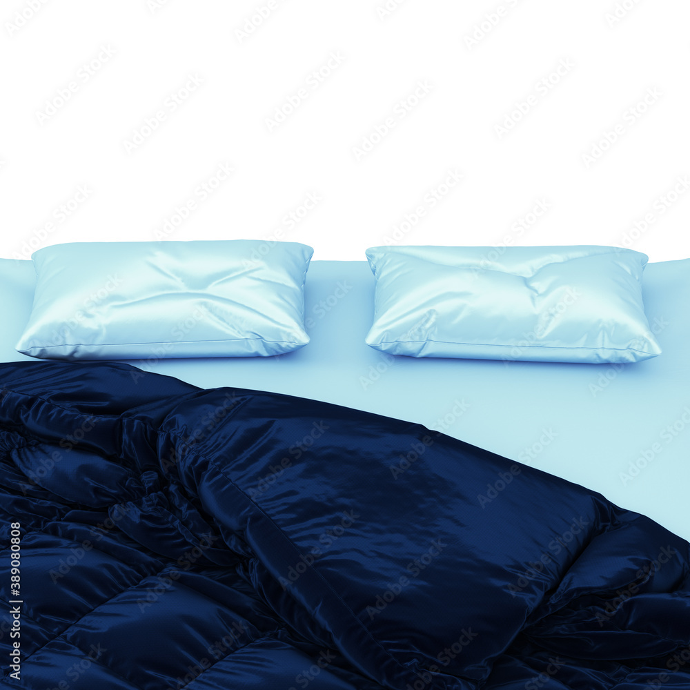 Aufkleber a mattress with two pillows and a blue blanket with folds front view on a white background. 3d rende
