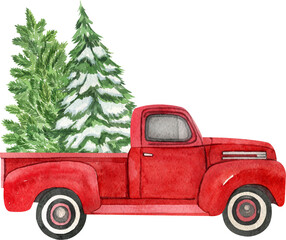 Christmas red retro truck with Christmas tree. Watercolor holiday illustration. Perfect for your Christmas and New Year project, invitations, greeting cards, wallpapers