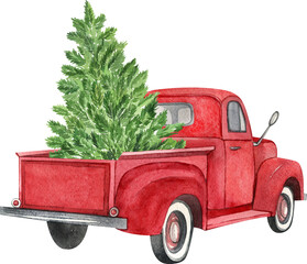 Christmas red retro truck with Christmas tree. Watercolor holiday illustration. Perfect for your Christmas and New Year project, invitations, greeting cards, wallpapers