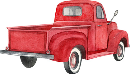 Watercolor red retro truck. Hand painted vintage retro car illustration perfect for thanksgiving card making, wedding invitation and fall autumn postcards 