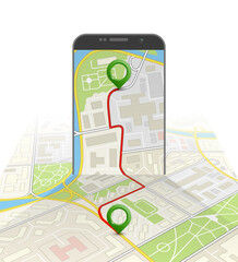 Isometric phone. City map route navigation smartphone, phone point marker, road drawing schema, isometric city plan GPS navigation tablet, itinerary destination paper city map. Route isometric point