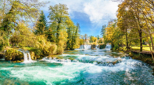 Landscape with river and little waterfall in Rastoke village, Croatia