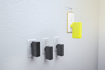 Electrical outlet on the cement wall with charger and one electrical outlet fly away as a helicopter. Standing out from the crowd or go your own way or being different concept. 3d Render - obrazy, fototapety, plakaty