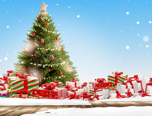 green christmas tree and christmas gifts outdoor at snow 3d-illustration