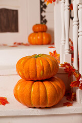 decorative pumpkin Halloween on the white porch of the house For autumn decor