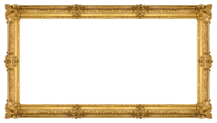 Panoramic golden frame for paintings, mirrors or photo isolated on white background. Design element with clipping path