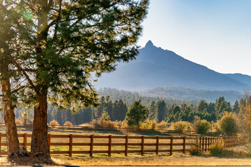 Fall Color at Sunset with Mountain on Ranch on Farm in Autumn
 - obrazy, fototapety, plakaty