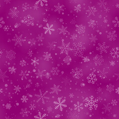 Christmas seamless pattern of snowflakes of different shapes, sizes and transparency, on purple background