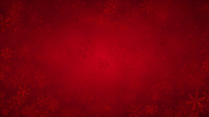 Christmas background of snowflakes of different shapes, sizes and transparency in red colors