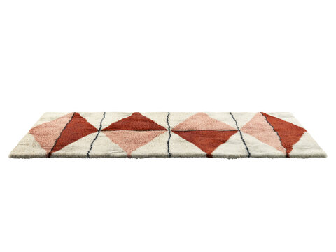 Modern light beige fluffy rectangular carpet with a red-pink triangular pattern. 3d render