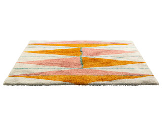 Modern light beige fluffy rectangular carpet with a colorful yellow-pink triangular pattern. 3d render