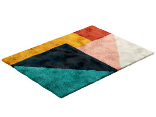 Multicolored fluffy rectangular carpet with a modern colorful geometric pattern. 3d render