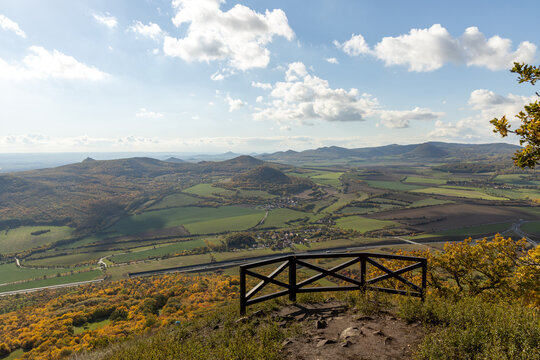 Autumn nature view from mountain Lovos to the horizon with hills and mountains and cloudy sky lookout in front