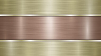 Background consisting of a bronze shiny metallic surface and two horizontal polished golden plates located above and below, with a metal texture, glares and burnished edges