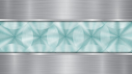 Background consisting of a light blue shiny metallic surface and two horizontal polished silver plates located above and below, with a metal texture, glares and burnished edges