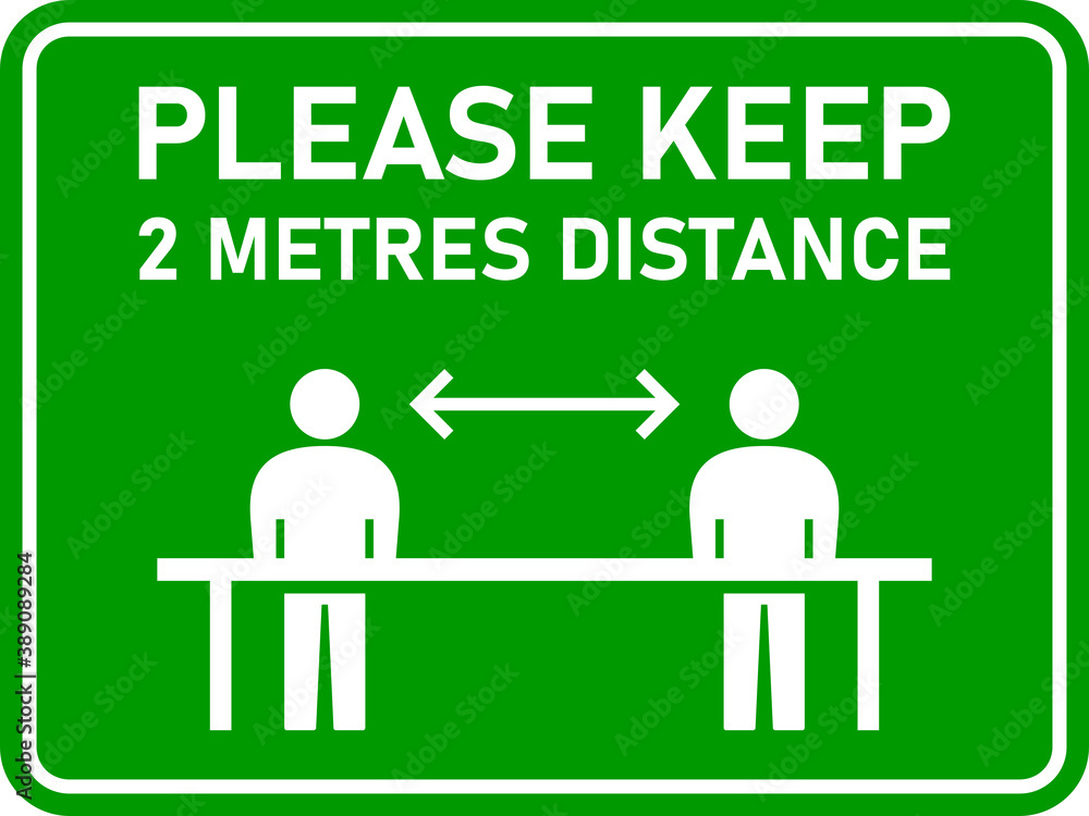 Poster please keep 2 metres distance horizontal warning sign showing socially distancing workers while work
