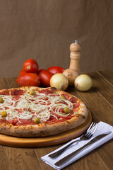 Gourmet photograph of pepperoni pizza with slices of onions, mozzarella cheese and green olives. Ingredients in their rustic form to compose the image.