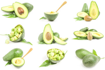 Set of fresh avocados isolated on a white background
