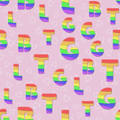 Seamless pattern with letters LGBT isolated on a pink background with hearts. Transgender gay pride background, homosexuality rights concept.