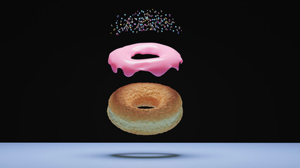 Conceptual donut. Donut's parts floating on black background