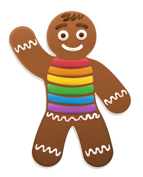 Gay gingerbread man waving - cute and sweet christmas cookie with pride flag colored sugar frosting t-shirt. Isolated vector illustration on white background.
