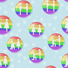 LGBT people icons Various homosexual couples families seamless pattern on turquoise background lgbt concept element flat design. Vector illustration of couples in love