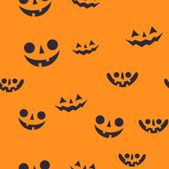 Halloween pumpkin faces seamless pattern. Carved pumpkins texture background.