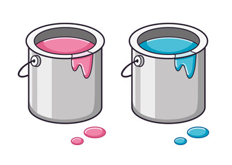 Pink and blue paint bucket can isolated