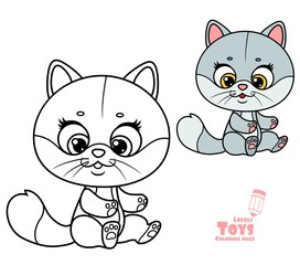 Cute cartoon soft toy gray cat outlined and color for coloring book sit on white background