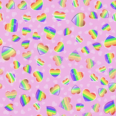 Seamless vector pattern with rainbow LGBT hearts on pink background. Pride flag color illustration