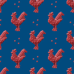 Seamless pattern with the red cubic roosters on the blue background