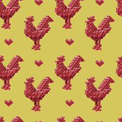 Seamless pattern with the red cubic roosters on the yellow background