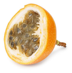 sliced granadilla or yellow passion fruit isolated on white background. exotic fruit. full depth of...