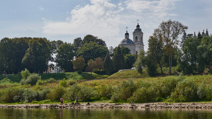 Fototapeta na wymiar Russia. The town of Tarusa. Church of the Resurrection. View from the Oka River