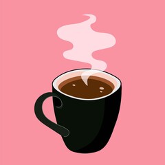 Black cup of coffee or tea on a light gentle, pink background. Vector, flat.