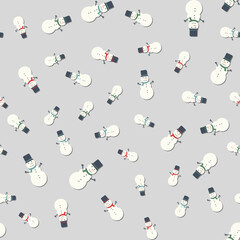 Christmas pattern snowman. Seamless illustration for the holiday on a silver background