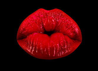 Fototapeta premium Sexy lips kiss, sensual plump kissing mouth. passion kisses. Woman kissed on black background.