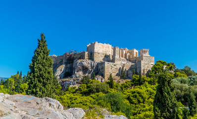 Fototapeta na wymiar A view of the temples of the Acropolis in Athens, Greece in beautiful sunlight