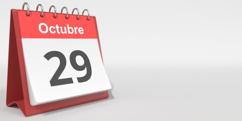 October 29 date written in Spanish on the flip calendar, 3d rendering