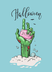 Halloween creative illustration with cartoon zombie hand holding soap and handwritten calligraphy. - Vector