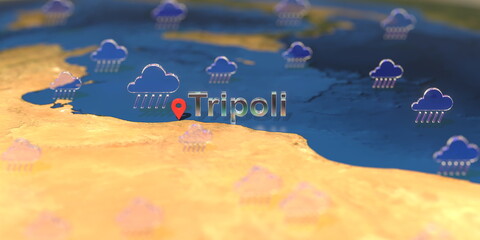 Fototapeta na wymiar Tripoli city and rainy weather icon on the map, weather forecast related 3D rendering