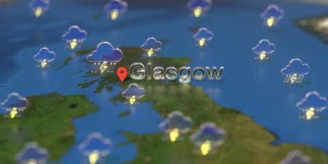 Fototapeta na wymiar Glasgow city and stormy weather icon on the map, weather forecast related 3D rendering