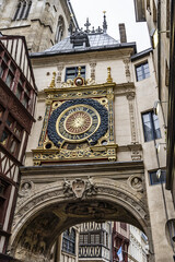 Fototapeta na wymiar Great-Clock (Gros Horloge) - astronomical clock located in Gros Horloge Street. Clock mechanism one of oldest in France, movement made in 1389. Rouen, Seine-Maritime department, Upper Normandy, France
