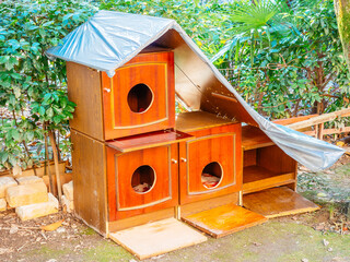 Unusual homemade cat houses made of bedside tables covered with a wooden canopy stand in the yard