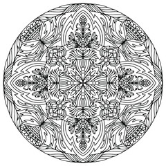 drawn mandala with flowers and abstract ornaments on a white background for coloring, vector, coloring book pages, mandala