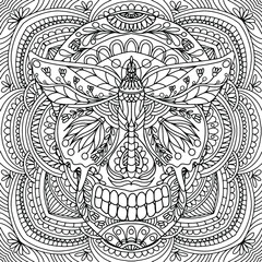 butterfly and skull drawn on a square mandala with stylized floral ornaments folk for coloring, vector, coloring book pages, mandala