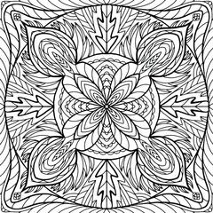 Square mandala with linear ornaments in folk style drawn on a white background for coloring, vector, coloring book pages, mandala