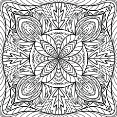 Square mandala with linear ornaments in folk style drawn on a white background for coloring, vector, coloring book pages, mandala