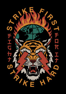 Lightning Eyes Tiger and Burning Globe Illustration with Slogans Vector Artwork on Black Background for Apparel and Other Uses
